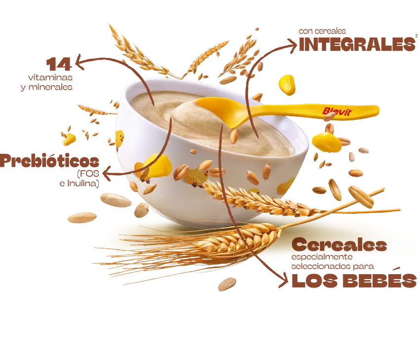 14 vitaminas y minerales, con cereales integrales, prebióticos (FOS e inulina). Cereales especialmente seleccionados para los bebés