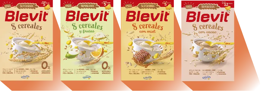Blevit Superfibra 8 cereales, 8 cereales y fruta, 8 cereales con miel y 8 cereales con cacao