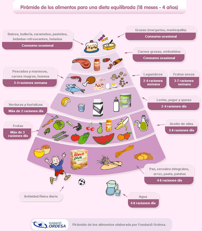 Pirámide de los alimentos para una dieta equilibrada de 18 meses a 4 años.